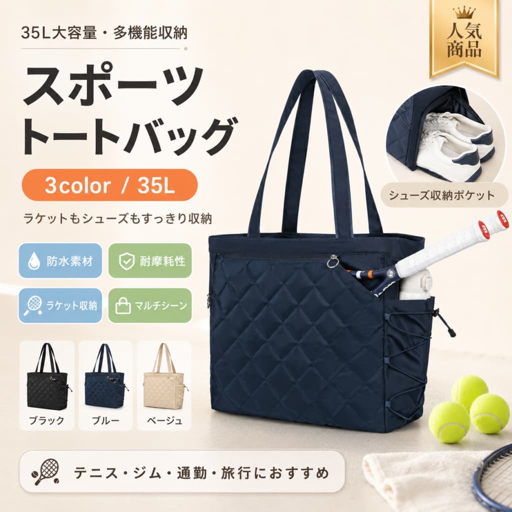 関連キーワード テニスバッグ テニスラケットバッグ ラケットバッグ テニストートバッグ テニスハンドバッグ テニス バッグ テニス ラケットバッグ テニス トートバッグ テニス ハンドバッグ ラケット バッグ ラケット収納 バッグ 35L テニスバッグ テニスバッグ 35L 35L ラケットバッグ 大容量 テニスバッグ テニスバッグ 大容量 大容量 ラケットバッグ ラケットバッグ 大容量 ラケット2本 テニスバッグ ラケット4本 テニスバッグ ラケット2本 収納 バッグ ラケット4本 収納 バッグ テニスバッグ ラケット2本 テニスバッグ ラケット4本 ラケット2本 ラケットバッグ ラケット4本 ラケットバッグ シューズ収納 テニスバッグ テニスバッグ シューズ収納 シューズ収納 ラケットバッグ ラケットバッグ シューズ収納 シューズコンパートメント バッグ シューズコンパートメント テニスバッグ 防水 テニスバッグ テニスバッグ 防水 防水 ラケットバッグ ラケットバッグ 防水 軽量 テニスバッグ テニスバッグ 軽量 軽量 ラケットバッグ ラケットバッグ 軽量 男女兼用 テニスバッグ テニスバッグ 男女兼用 男女兼用 ラケットバッグ ユニセックス テニスバッグ スポーツバッグ テニス スポーツバッグ スポーツバッグ テニス 収納バッグ テニス 収納バッグ ラケット 収納バッグ テニス用品 テニス用品 バッグ ジムバッグ テニスバッグ ジムバッグ スポーツ ジムバッグ 通勤 テニスバッグ テニスバッグ 通勤 通勤 バッグ ショッピング バッグ ショッピング テニスバッグ 旅行 テニスバッグ テニスバッグ 旅行 旅行 ラケットバッグ 部活 テニスバッグ テニスバッグ 部活 部活 ラケットバッグ クラブ活動 テニスバッグ クラブ活動 ラケットバッグ テニス部 バッグ テニス部 ラケットバッグ テニス部 大容量 バッグ テニスバッグ ラケット収納 ラケットバッグ ラケット収納 テニスバッグ シューズ入れ ラケットバッグ シューズ入れ シューズ入れ付き テニスバッグ シューズ入れ付き ラケットバッグ 大容量 スポーツバッグ 軽量 スポーツバッグ 防水 スポーツバッグ 男女兼用 スポーツバッグ スポーツバッグ 大容量 スポーツバッグ 軽量 スポーツバッグ 防水 テニス トート テニス トートバッグ 大容量 テニストートバッグ 大容量 テニストートバッグ 軽量 テニストートバッグ 防水 テニスハンドバッグ 大容量 テニスハンドバッグ 軽量 テニスハンドバッグ 防水 ラケットバッグ 2本収納 ラケットバッグ 4本収納 テニスバッグ 2本収納 テニスバッグ 4本収納 テニス ラケット 2本 バッグ テニス ラケット 4本 バッグ テニスバッグ メンズ テニスバッグ レディース ラケットバッグ メンズ ラケットバッグ レディース メンズ テニスバッグ レディース テニスバッグ メンズ ラケットバッグ レディース ラケットバッグ テニスバッグ おしゃれ ラケットバッグ おしゃれ スポーツバッグ おしゃれ【製品概要】 テニスラケットを2〜4本収納できる、35L大容量のテニスラケットバッグです。 シューズ、テニスラケット、ノートパソコン用の独立コンパートメントを備えており、スポーツ用品から日用品まで分けて収納しやすい仕様です。 テニス、ジム、通勤、ショッピング、旅行など、さまざまなシーンで使いやすい男女兼用のスポーツ用収納バッグです。 【商品特長】 ・35L大容量：テニスラケット、シューズ、着替え、小物などをまとめて収納しやすいサイズ感です。 ・ラケット2〜4本収納可能：練習や試合、レッスン時のラケット持ち運びに便利です。 ・独立コンパートメント付き：シューズ、ラケット、ノートパソコンを分けて収納でき、バッグの中を整理しやすくなっています。 ・防水生地を使用：ダイヤモンドキルティング加工の防水生地を採用し、日常使いやスポーツシーンに取り入れやすい仕様です。 ・軽量設計：約0.7kgの軽量タイプで、持ち運びやすさに配慮されています。 ・肩に掛けやすいストラップ：幅約1.5インチのショルダーストラップで、移動時にも使いやすいデザインです。 ・男女兼用デザイン：スポーツにも普段使いにも合わせやすい、シンプルでスタイリッシュなバッグです。 【主な仕様】 ・商品名：テニスラケットバッグ / テニストートバッグ ・容量：約35L ・収納目安：テニスラケット2〜4本 ・重量：約1.6ポンド（約0.7kg） ・仕様：シューズコンパートメント、ラケット収納、ノートパソコン用コンパートメント ・生地：ダイヤモンドキルティング加工の防水生地 ・ショルダーストラップ幅：約1.5インチ ・対象：男女兼用 ・用途：テニス、スポーツ、通勤、ショッピング、旅行など ・サイズ：記載なし 【カラーバリエーション】 複数カラー展開 ※カラーの詳細は商品画像をご確認ください。 【おすすめシーン】 ・テニスの練習やレッスンに ・試合やクラブ活動の持ち運び用に ・シューズとラケットを分けて収納したい時に ・ジムやスポーツシーンのバッグとして ・通勤やショッピングなどの日常使いに ・旅行やお出かけ時の大容量バッグとして ・男女兼用のスポーツバッグをお探しの方に 【注意事項】 ・保証期間は到着日から30日以内です。不具合がある場合は、商品到着後30日以内にご連絡ください。 ・お客様都合による交換・返品はお受けしておりません。あらかじめご了承ください。 ・ご注文から30分以内は購入履歴からキャンセル可能です。30分を過ぎた場合、お客様都合によるキャンセルは承っておりません。 ・発送後のキャンセル、送付先の変更はできません。ご注文前に住所や部屋番号などをご確認ください。 ・長期不在、表札がない場合、または表札・郵便受けのお名前がご注文者様と異なる場合、お届けできず返送となる場合がございます。 ・ご利用のモニターにより、実物と色味が少し異なって見える場合がございます。 ・北海道、沖縄、離島は別途送料がかかる場合がございます。 ・ラッピングには対応しておりません。 ・説明書は日本語化されていません。 ・輸入品のため、予告なくパッケージや仕様が多少変更される場合がございます。 ・新品未使用品ですが、輸入品のため、汚れ、傷、ムラが見られる場合がございます。 【関連キーワード】 テニスバッグ テニスラケットバッグ ラケットバッグ テニストートバッグ テニスハンドバッグ 35L 大容量 ラケット2本 ラケット4本 シューズ収納 シューズコンパートメント 防水 軽量 男女兼用 スポーツバッグ 収納バッグ テニス用品 ジムバッグ 通勤 ショッピング 旅行 部活 クラブ活動