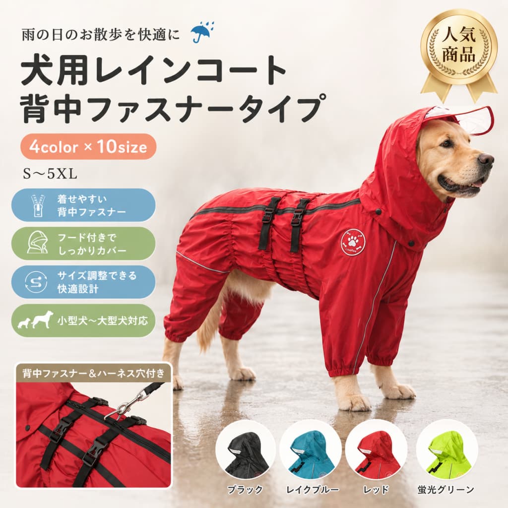 【5と0のつく日限定★10％OFF】犬用レインコート 背中ファスナー ハーネス穴付き つなぎ ドッグウェア 小型犬 中型犬 大型犬 着せやすい 犬服 雨の日 散歩 お出かけ