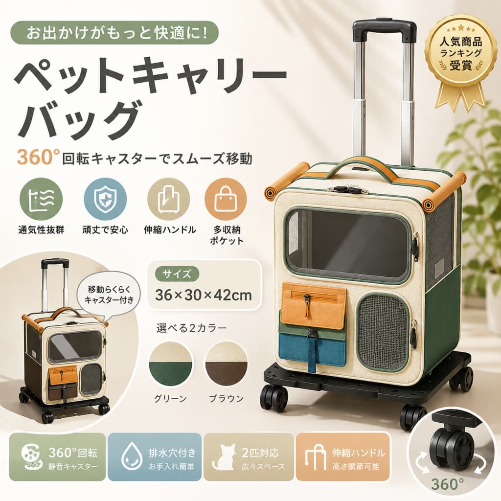 関連キーワード ペットキャリーバッグ ペットトロリーバッグ ペットキャリーケース キャスター付き 猫 犬 2匹用 多頭飼い 多頭用 伸縮ロッド付き 5輪360度回転 通気性 メッシュ窓 3つ窓 ペットカート キャリーバッグ キャリーケース 猫キャリー 犬キャリー ペットキャリー グリーン ブラウン 36cm 30cm 42cm 旅行 通院 交通機関 災害避難用 散歩 お出かけ 入院 移動用 ペット用品 ペットグッズ 犬用キャリーバッグ 猫用キャリーバッグ 犬用キャリーケース 猫用キャリーケース 犬用トロリーバッグ 猫用トロリーバッグ ペット用キャリーバッグ ペット用キャリーケース ペット用トロリーバッグ 多頭飼い キャリー 多頭用 キャリーケース 2匹 キャリーバッグ 2匹用 キャリーケース 犬 猫 キャリー 犬 猫 兼用 キャリー 小型犬 キャリー 猫 キャリー バッグ 犬 キャリー バッグ ペット キャスター付き バッグ ペット キャスター付き ケース キャスター付き ペットキャリー 5輪 キャリー 360度回転 キャスター 移動しやすい ペットキャリー 伸縮ロッド キャリー トロリー式 ペットキャリー コロコロ ペットキャリー メッシュ窓付き キャリー 通気 メッシュ キャリー 通気性 キャリーバッグ 3窓 キャリーケース 窓付き ペットキャリー 通院用 キャリー 病院用 ペットキャリー 通院 キャリーバッグ 旅行用 ペットキャリー 旅行 キャリーバッグ 犬 旅行 キャリーバッグ 猫 交通機関 ペットキャリー 電車 移動 ペットキャリー 災害避難 ペットキャリー 避難用 キャリーケース 散歩用 キャリー お出かけ キャリーバッグ 入院時 キャリー 移動用 キャリーバッグ ペット移動バッグ ペット搬送バッグ おしゃれ ペットキャリー シンプル ペットキャリー グリーン キャリー ブラウン キャリー ペットカート風 キャリー 室内外 兼用 キャリー 犬猫 お出かけ グッズ ペット外出グッズ ペット旅行グッズ 猫用お出かけバッグ 犬用お出かけバッグ 多頭飼い お出かけグッズ ペットキャリー 多頭 ペットケース キャスター付き トロリー ペットケース ペット用品 キャリー【製品概要】 猫や犬とのお出かけに便利な、キャスター付きペットキャリーバッグです。 伸縮ロッド付きのトロリーバッグタイプで、旅行、通院、交通機関での移動、災害避難用としても使いやすいアイテムです。 36×30×42cmの広々とした空間で、ペットが中で過ごしやすいよう配慮されています。 3つの窓付きで中の様子が見えやすく、多頭飼いの方にもおすすめです。 【商品特長】 ・キャスター付きで、ペットとの移動をサポートするキャリーバッグです。 ・伸縮ロッド付きで、トロリーバッグのように引いて移動できます。 ・お座りしても窮屈さを感じにくい、広々とした空間です。 ・中の様子がよくわかる3つの窓付きで、ペットの様子を確認しやすい仕様です。 ・大きなメッシュ窓付きで、通気性に配慮されています。 ・窓はロールアップ＆ダウンが可能です。 ・出入りがしやすい設計で、ワンちゃん・ネコちゃんのお出かけに便利です。 ・5輪360度回転キャスター仕様で、移動時の扱いやすさに配慮されています。 【主な仕様】 ・商品名：ペットキャリーバッグ／ペットトロリーバッグ ・タイプ：キャスター付き／伸縮ロッド付き／2匹用／多頭用 ・対象：犬、猫などのペット ・サイズ：約36×30×42cm ・カラー：グリーン、ブラウン ・仕様：3つの窓付き、大きなメッシュ窓、ロールアップ＆ダウン可能、5輪360度回転キャスター ・用途：旅行、通院、交通機関での移動、散歩、お出かけ、災害避難用、入院時の移動 ・素材：記載なし ※サイズは測り方により、1cm〜2cm程度の誤差が生じる場合がございます。 【カラーバリエーション】 ・グリーン ・ブラウン お出かけシーンにもなじみやすい、落ち着いたカラー展開です。 【おすすめシーン】 ・猫や犬との旅行に ・動物病院への通院に ・交通機関を利用する時に ・多頭飼いのペット移動に ・散歩やお出かけ時のキャリーとして ・災害避難用の備えとして ・ペットの入院や一時移動に ・キャスター付きのペットキャリーを探している方に 【注意事項】 ・サイズは測り方により、1cm〜2cm程度の誤差が生じる場合がございます。 ・お客様のモニター環境により、実物の色合いと若干異なって見える場合がございます。 ・モデルに使用している小物やアクセサリー等はセット内容に含まれておりません。 ・ご購入前に、ペットの体格や使用目的に合うかをご確認ください。 ・2匹で使用する場合は、ペット同士の相性や体格差を確認のうえご使用ください。 ・使用中はペットの様子をこまめに確認してください。 ・交通機関で使用する場合は、各交通機関のペット同伴ルールをご確認ください。 ・キャスター使用時は、段差や傾斜、悪路での転倒にご注意ください。 【関連キーワード】 ペットキャリーバッグ ペットトロリーバッグ ペットキャリーケース キャスター付き 猫 犬 2匹用 多頭飼い 多頭用 伸縮ロッド付き 5輪360度回転 通気性 メッシュ窓 3つ窓 ペットカート キャリーバッグ キャリーケース 猫キャリー 犬キャリー ペットキャリー グリーン ブラウン 36cm 30cm 42cm 旅行 通院 交通機関 災害避難用 散歩 お出かけ 入院 移動用 ペット用品 ペットグッズ おしゃれ