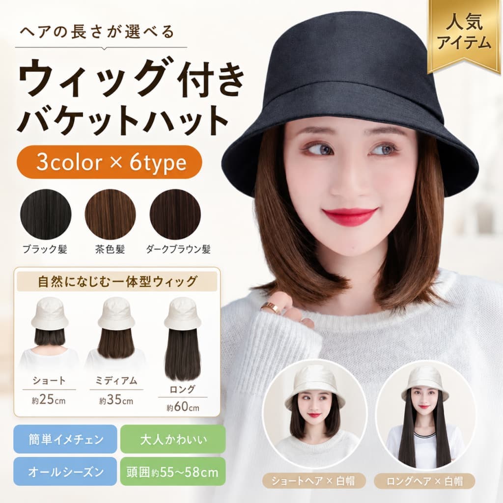 【ご愛顧感デ一限定|当店5%OFF】ウィッグ付き帽子 レディース バケットハット 帽子付きウィッグ ショート ミディアム ロング 頭まわり55〜58cm 人工毛 耐熱ファイバー 春夏秋冬 お出かけ