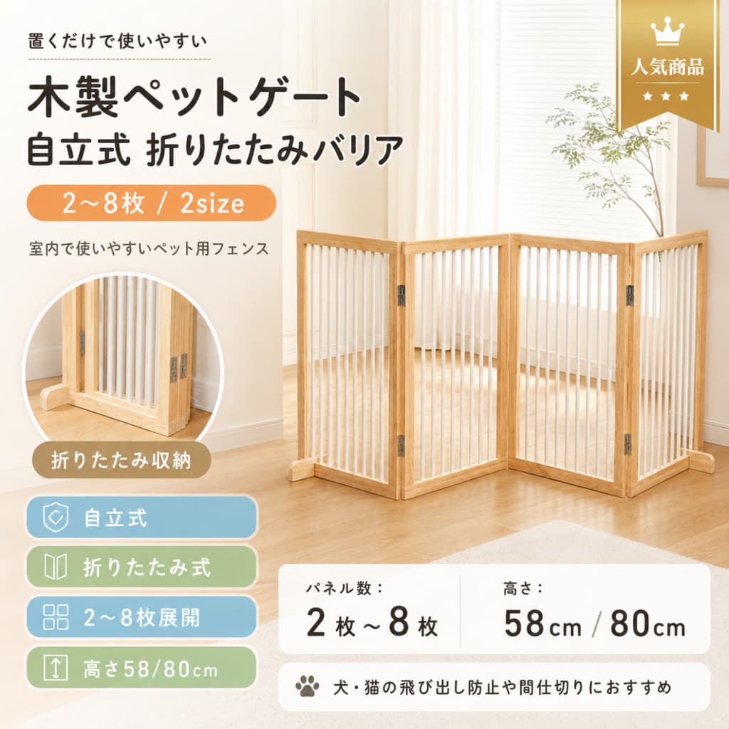【9月START SALE★5%OFFクーポン】ペットゲート 木製 折り式 2〜8枚 58cm 80cm ハイタイプ 置くだけ 自立式 ドッグゲート ペットフェンス 犬 猫 脱走防止 飛び出し防止 多頭飼い