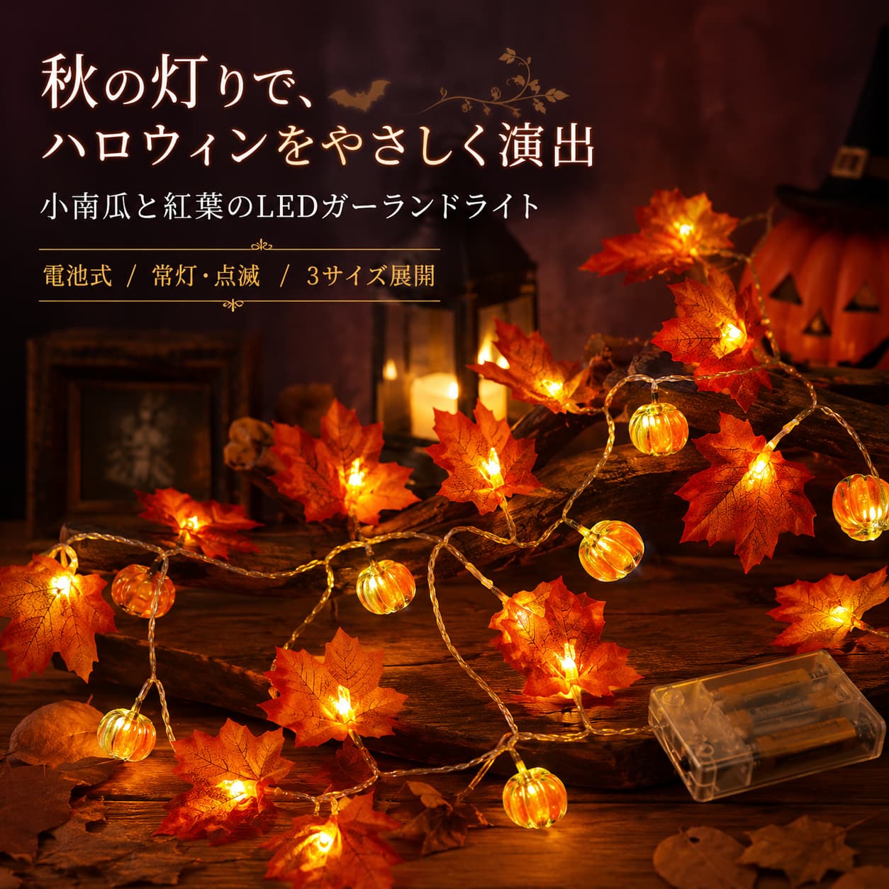 【お買い物マラソン限定|当店8%OFF】ハロウィン LEDガーランドライト ミニかぼちゃ 紅葉 電池式 常灯 点滅 3m20球 6m40球 10m80球 約3000K IP44 室内 玄関 軒下 庭先 秋 飾り付け