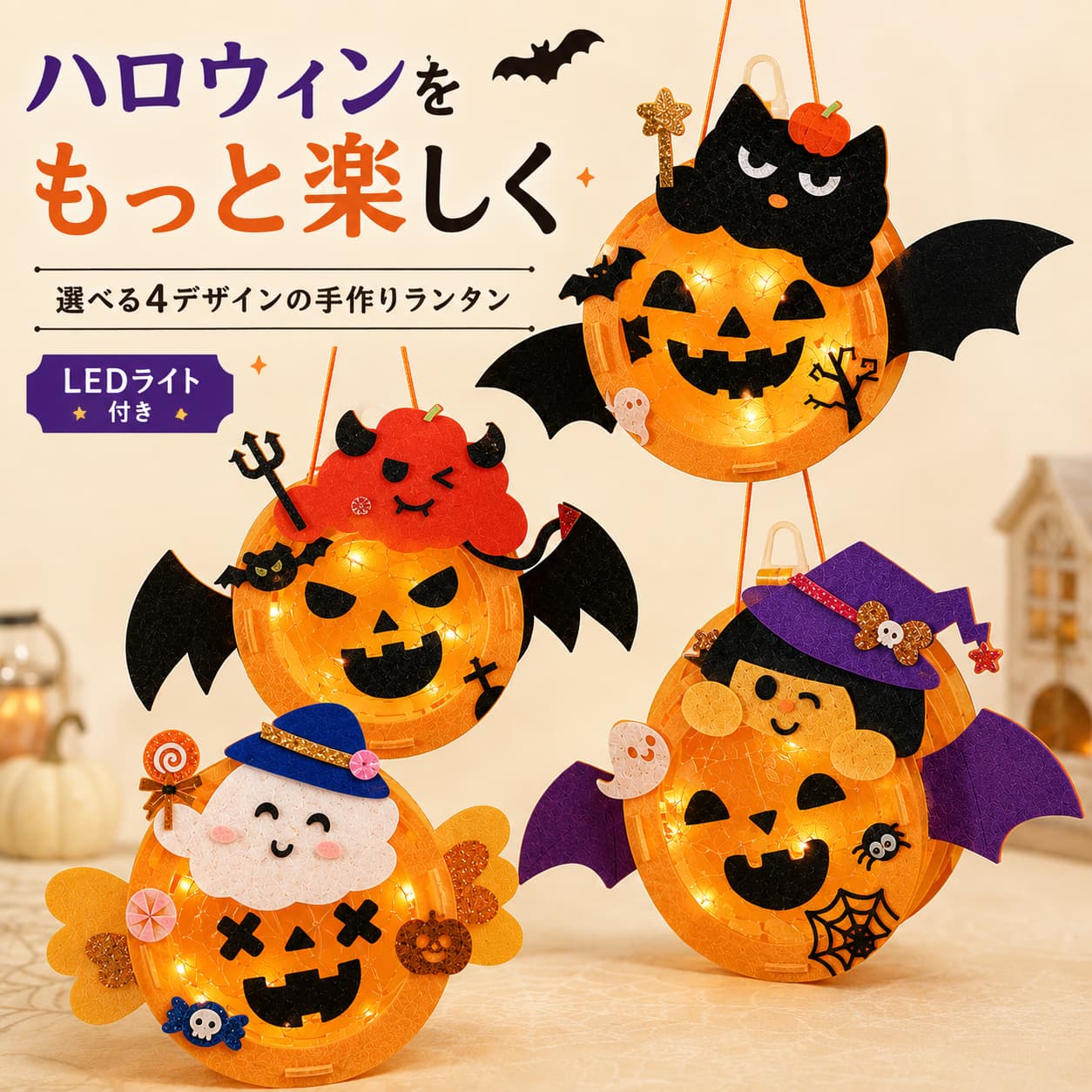 関連キーワード ハロウィンランタン 手作りランタン DIY工作キット ハロウィン工作 子供工作 親子工作 暖色LEDライト LEDランタン 木製スティック 不織布工作 PPフィルム 悪魔ランタン 黒猫ランタン 魔法少女ランタン ゴーストランタン おばけランタン 全4種類 幼稚園工作 保育園工作 子供会 おうち工作 パーティー飾り 玄関飾り 室内装飾 仮装小物 撮影小物 フォトブース 季節工作 秋イベント【製品概要】 作るところからハロウィン気分を楽しめる、手作りランタンのDIY工作キットです。 不織布パーツと透明PPフィルムを組み合わせてランタンを作り、付属の暖色LEDライトを点灯すると、やさしい光がハロウィンらしい雰囲気を演出します。 完成後は木製ランタン棒に掛けて手に持ったり、玄関やお部屋に飾ったりしてお楽しみいただけます。 親子での工作をはじめ、幼稚園や保育園での製作活動、パーティー装飾、撮影アイテムにもおすすめです。 【商品特長】 ・作って楽しめるDIY工作キット 不織布パーツと透明PPフィルムを組み合わせ、自分でハロウィンランタンを完成させる工作セットです。 ・暖色LEDライト付き 完成したランタンの中に付属のLEDライトを入れると、あたたかみのある光を楽しめます。ライトは常時点灯タイプです。 ・選べる4種類のデザイン 悪魔、黒猫、魔法少女、ゴーストの4種類をご用意しています。モチーフや羽、かぼちゃの表情など、それぞれ異なるデザインから選べます。 ・手持ちでも飾り付けでも使える 木製ランタン棒に掛けて持ち歩くほか、玄関、リビング、子供部屋などの季節飾りとしてもお使いいただけます。 ・親子の季節工作に おうちでの親子工作や、幼稚園・保育園でのハロウィン製作活動に取り入れやすいセットです。 ・軽量で扱いやすい 重量は約55g。完成後も手に持ちやすく、仮装時の撮影小物としても楽しめます。 【主な仕様】 ・商品名：ハロウィン手作りランタン DIY工作キット ・デザイン：悪魔／黒猫／魔法少女／ゴースト ・材質：不織布／PPフィルム／木材 ・重量：約55g ・ライト：暖色LEDライト ・点灯方式：常時点灯タイプ ・電池：付属しておりません デザイン別サイズ ・悪魔：約18.9×12.8cm ・黒猫：約22.2×12.6cm ・魔法少女：約19.4×13cm ・ゴースト：約16×13cm セット内容 ・木製ランタン棒×1 ・透明PPフィルム×1 ・不織布ランタンパーツ×1式 ・ひも×1 ・暖色LEDライト×1 ※デザインにより形状とサイズが異なります。 ※電池は付属しておりません。別途ご用意ください。 【デザインバリエーション】 ・悪魔 羽やかぼちゃを取り入れた、ハロウィンらしいデザインです。 ・黒猫 黒猫をモチーフにした、かわいらしいデザインです。 ・魔法少女 ハロウィンの仮装気分を楽しめるデザインです。 ・ゴースト おばけをモチーフにした、親しみやすいデザインです。 ※タイプによって形状、配色、パーツ構成、サイズが異なります。ご注文前に選択内容をご確認ください。 【おすすめシーン】 ・親子で楽しむハロウィン工作に ・幼稚園や保育園での製作活動に ・おうちパーティーの飾り付けに ・玄関や子供部屋の季節装飾に ・仮装時の手持ち小物として ・写真撮影やフォトブースのアイテムに ・子供会や地域イベントの工作企画に ・完成後も飾って楽しめる工作キットを探している方に 【注意事項】 ・小さな部品が含まれています。誤飲や紛失にご注意ください。 ・お子さまが製作、使用する際は、必ず保護者または先生の見守りのもとでご使用ください。 ・電池の取り付けや交換は、大人の方が行ってください。 ・電池は付属しておりません。別途ご用意ください。 ・火気、暖房器具、高温になる場所の近くでは使用しないでください。 ・LEDライトを水に濡らしたり、水中で使用したりしないでください。 ・破損、変形、発熱、異臭などの異常が見られた場合は、使用を中止してください。 ・完成したランタンを強く振り回したり、人や物に向けたりしないでください。 ・本商品は手作りキットのため、組み立て方によって完成時の形状に多少の違いが生じる場合があります。 ・手作業による採寸のため、サイズに若干の誤差が生じる場合があります。 ・モニター環境や撮影時の照明により、実際の商品と画像の色味が異なって見える場合があります。 【関連キーワード】 ハロウィンランタン 手作りランタン DIY工作キット ハロウィン工作 子供工作 親子工作 暖色LEDライト LEDランタン 木製スティック 不織布工作 PPフィルム 悪魔ランタン 黒猫ランタン 魔法少女ランタン ゴーストランタン おばけランタン 全4種類 幼稚園工作 保育園工作 子供会 おうち工作 パーティー飾り 玄関飾り 室内装飾 仮装小物 撮影小物 フォトブース 季節工作 秋イベント