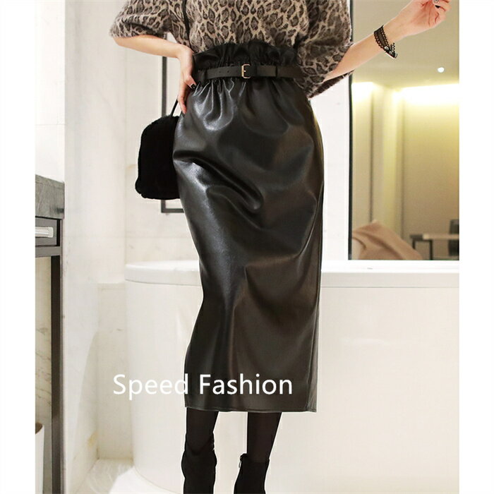 ハイウエスト スリム レザースカート レディース ロングスカート フェイクレザースカート シンプル24sf09019