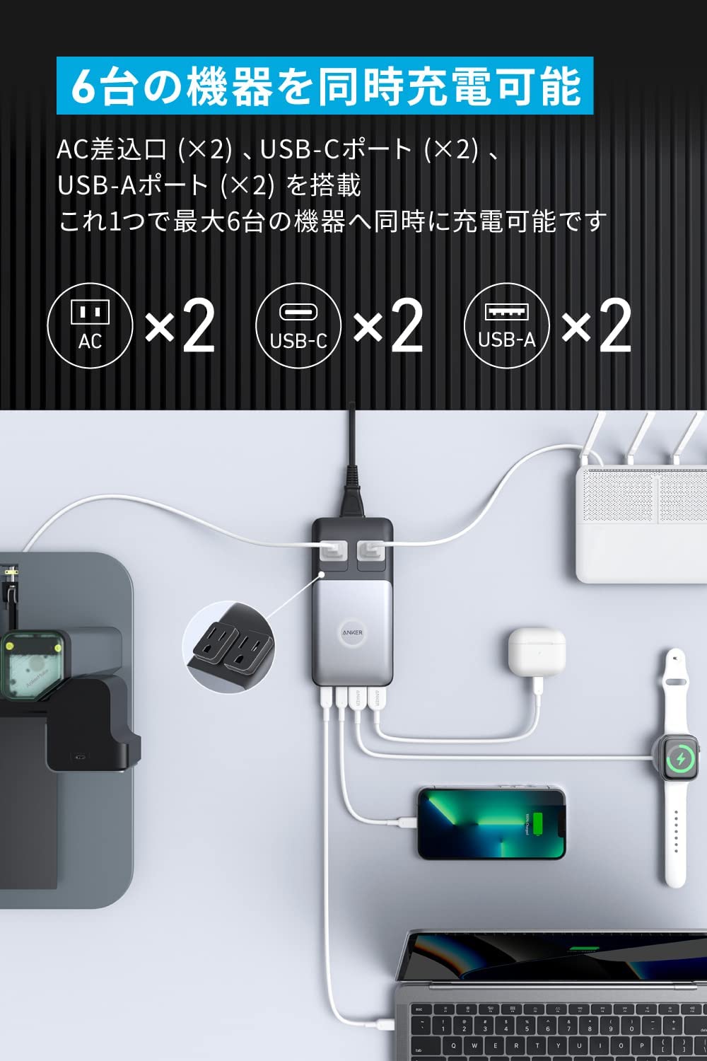 �ڿ��ʡ�1���ְ���ȯ�� Anker 727 Charging Station (GaNPrime 100W) (6-in-1 ���ť��ơ������) ���ȼ�����Anker GaNPrime����/���󥻥�Ⱥ����� 2�� / USB-C 2�ݡ��� / USB-A 2�ݡ��� / PSE���Ѵ��Ŭ��ۡʥ֥�å���