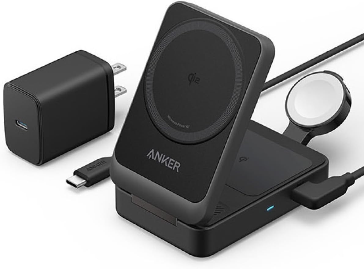 【新品】1週間以内発送【ブラック】Anker MagGo Wireless Charging Station (Foldable 3-in-1) Qi2対応 マグネット式 3-in-1 ワイヤレス充電ステーション/ワイヤレス出力/Apple Watchホルダー付 iPhone MagSafe対応 iPhone 16 / 16 Pro / 16 Pro Max / 15 / 14 / 13