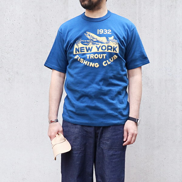 フリーホイーラーズ T-SHIRT 1932 FISH & GAME HOME OF U.S. SERIES VINTAGE STYLE MEDIUM WEIGHT JERSEY DUSKY BLUE FREEWHEELERS