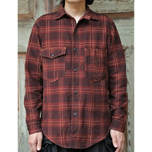 フリーホイーラーズ BLYSTONE MECHANIC SHIRT 1930s STYLE WORK CLOTHING ORIGINAL COTTON FLANNEL CHECK WITH A RAISED BACK DARK ORANGE RED × CRIMSON × CREAM FREEWHEELERS