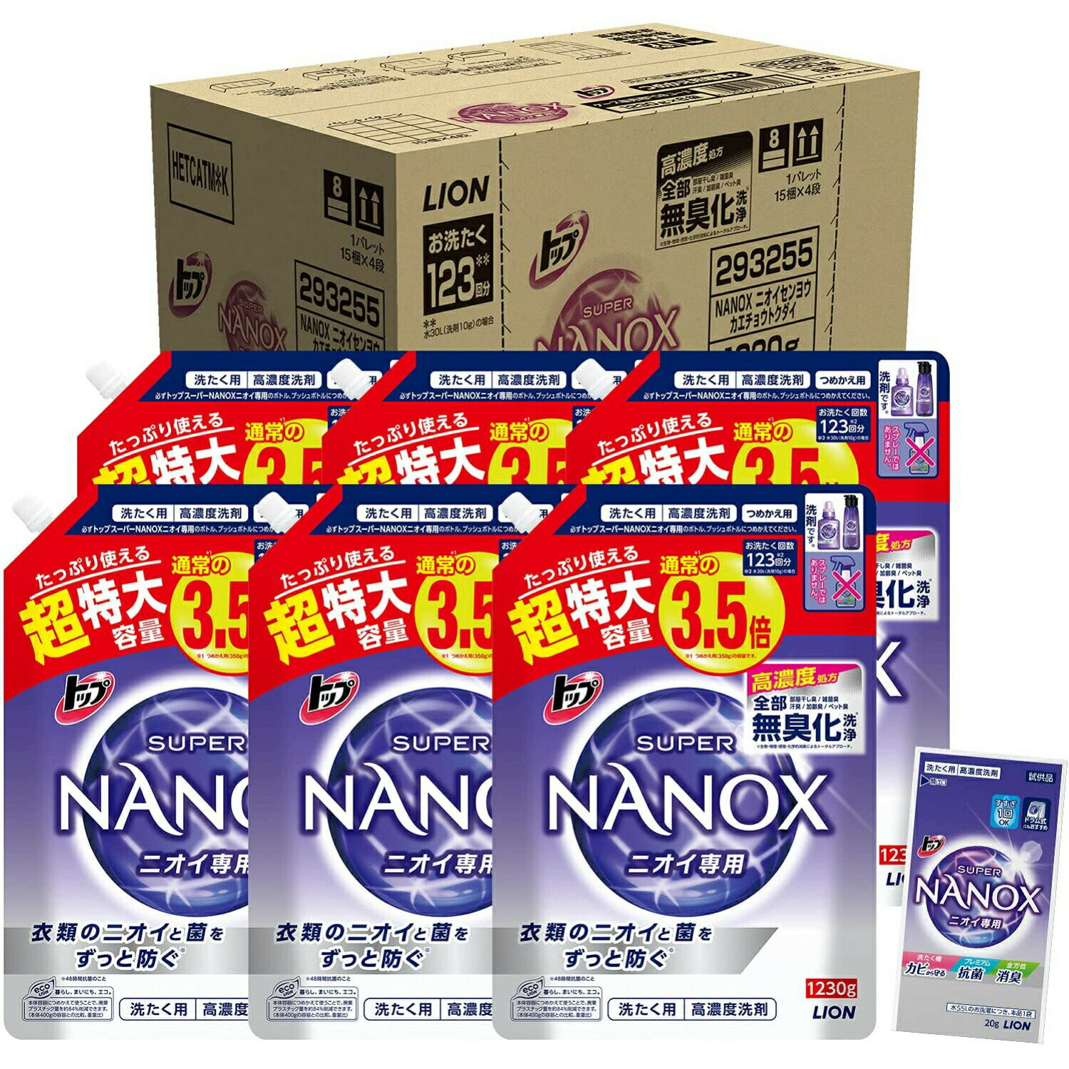【スーパーセール限定特価】トップ スーパーナノックス ニオイ専用 プレミアム抗菌処方 洗剤 蛍光剤・シリコーン無添加 高濃度 洗濯洗剤 液体 詰め替え 超特大1230g×6個セットのサムネイル