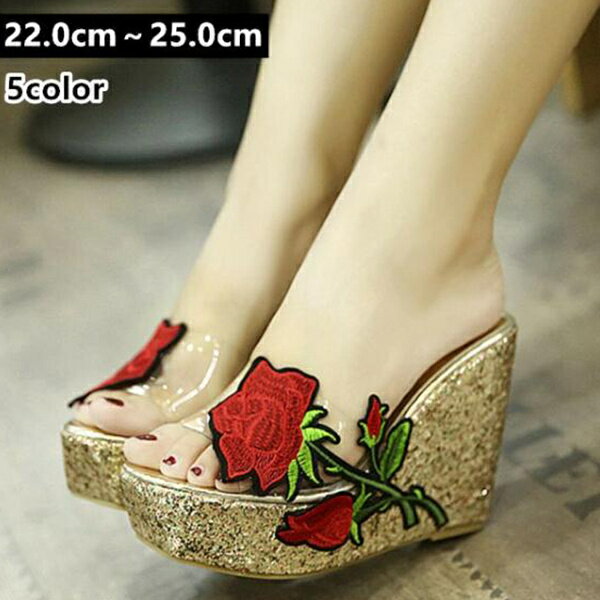 送料無料　ミュール レディース ウエッジソールサンダル クリアサンダル　痛くない 歩きやすい 厚底サンダルおしゃれ 厚底 美脚 サンダル 大きいサイズ 歩きやすい シューズ 春 夏　サンダル 22.0センチ〜25.0センチ 5色　ローズ花