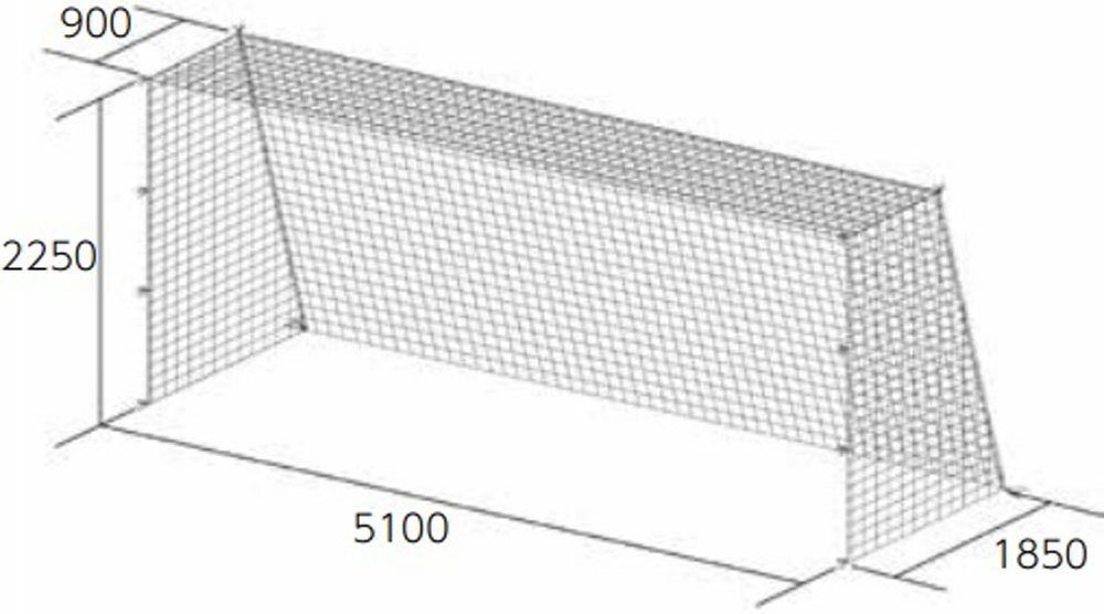 素材：ポリエチレン有結節、440T／45本サイズ：ジュニア用サッカー寸法／H2250×W5100×D上900×D下1850（mm）。サイズはSG基準認証品サイズです。重量：3kg／組仕様：ネットカラー／白、網目／12cm角ジュニアサッカーゴールネット・四角目（2張1組）