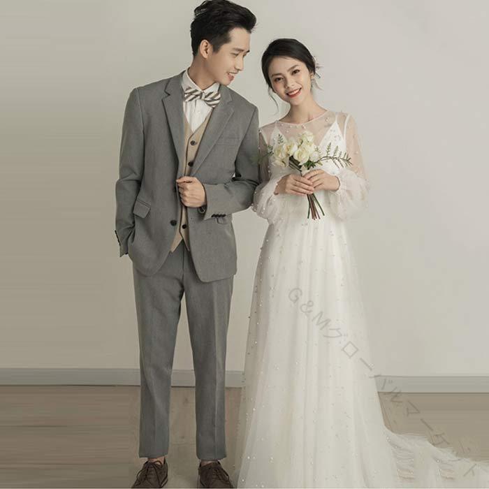 ウェディングドレス 長袖 トレーンドレス 森ガール風 花嫁ドレス 白 チュール ファスナータイプ 二次会ドレス 前撮り後撮り 披露宴 結婚式 演奏会 発表会 海外挙式対応ドレス 最高品質