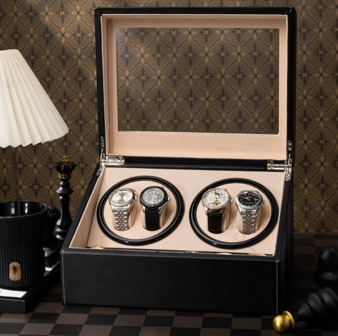 ワインディングマシーン 4本巻き上げ 6本収納 腕時計自動巻き上げ機 ウォッチワインダー 高級時計ケース 静音設計 自動巻き腕時計ワインダー ウッド調 PUレザーインテリア 2Way充電対応 レディース メンズ時計対応