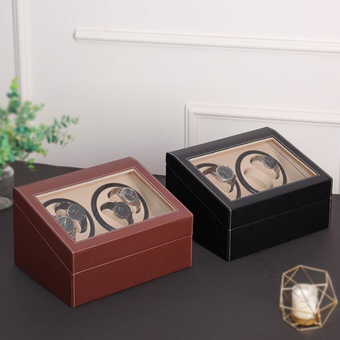 ワインディングマシーン 4本巻き上げ 6本収納 腕時計自動巻き上げ機 ウォッチワインダー 高級時計ケース 静音設計 自動巻き腕時計ワインダー ウッド調 PUレザーインテリア 2Way充電対応 レディース メンズ時計対応