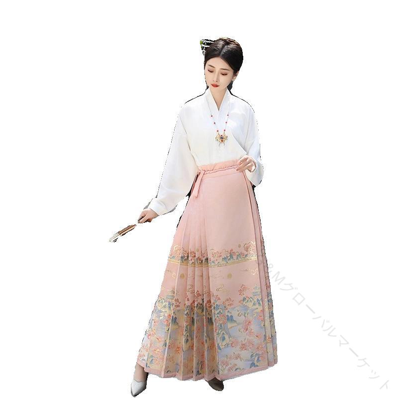 漢服スカート レディース 明代風 改良デザイン 中華風 通勤 日常使い 低身長向け ポリエステル 金糸織..