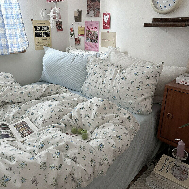 布団カバーセット ブルー ホワイト プリント花柄 可愛い 韓国風 寝具カバーセット 3点セット 4点セット..
