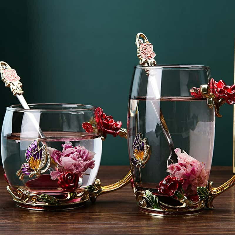 マグカップ 耐熱ガラスカップ 透明カップ おしゃれ スプーン付き カバー付き 美しい花プリント ガラス..