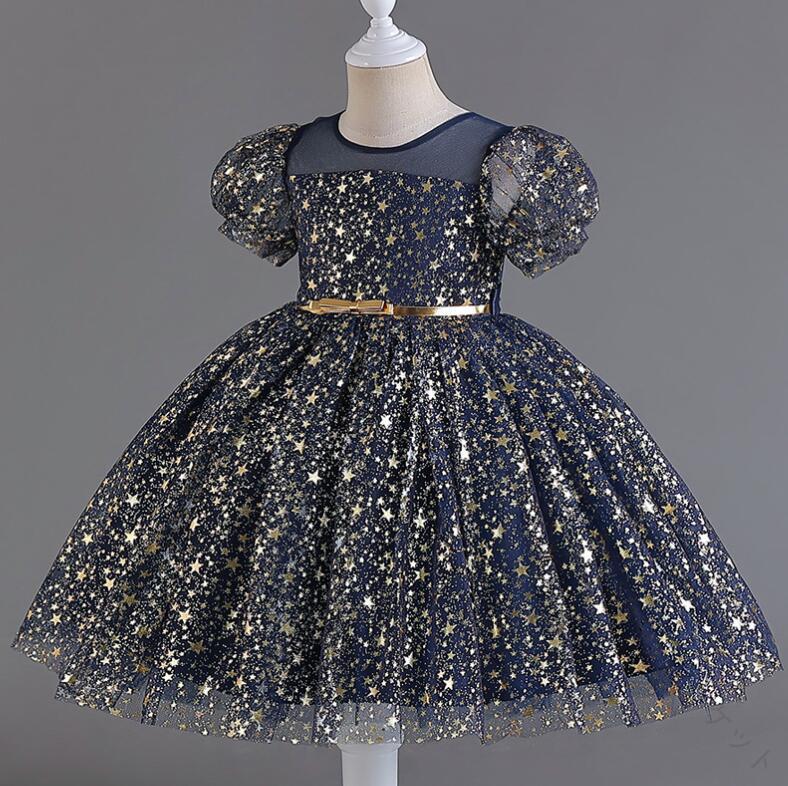 子供可愛いワンピース 女の子礼服 星柄キッズドレス 子供フォーマルドレス パフスリーブチュールワンピース フレアワンピース 合唱団 舞台衣装 発表会 演奏会 音楽会 誕生日会 結婚式 ウェディング イベント パーティードレス 七五三 写真撮影 120cm-160cm 5色展開