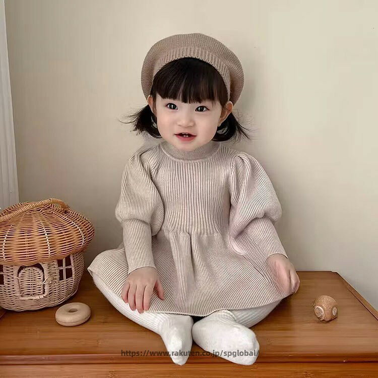 ベビー服 女の子 ニット ワンピース パフスリーブ ロンパース 73 80 90 100 110cm ...