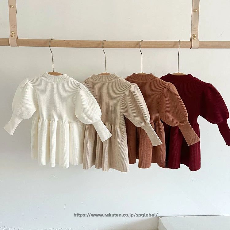 ベビー服 女の子 ニット ワンピース パフスリーブ ロンパース 73 80 90 100 110cm ...