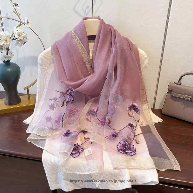Rakuten - ストール レディース 大判 薄手 桑蚕 シルク ウール 刺繍 牡丹柄 花柄 高級感 ショール スカーフ 冷房 対策 日焼け 対策 通勤 オフィス フォーマル カジュアル 多用途 エレガント 上品