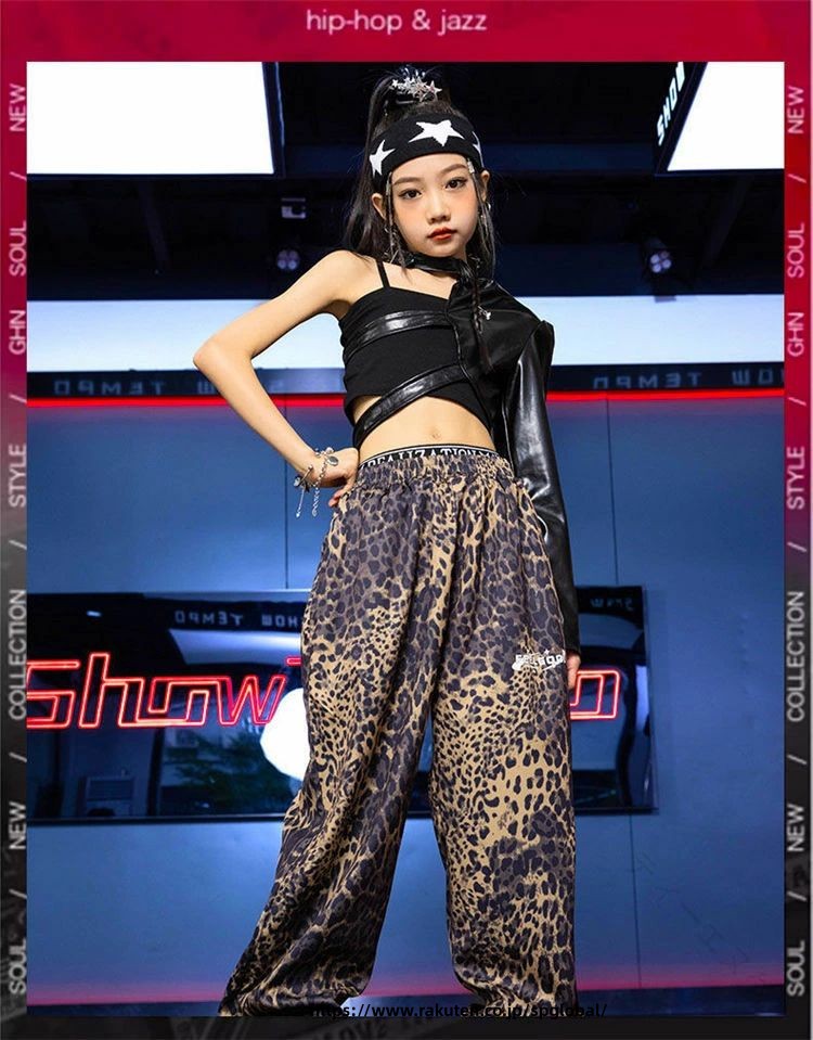 k-pop 衣装 k-pop 衣装 韓国 アイドル 衣装 キッズダンス衣装 チア衣装 チアガール 女の子 原宿系 演出服 発表会 Jazz hiphop ダンスウェア ステージ衣装 ヒョウ柄 ロングパンツ セットアップ