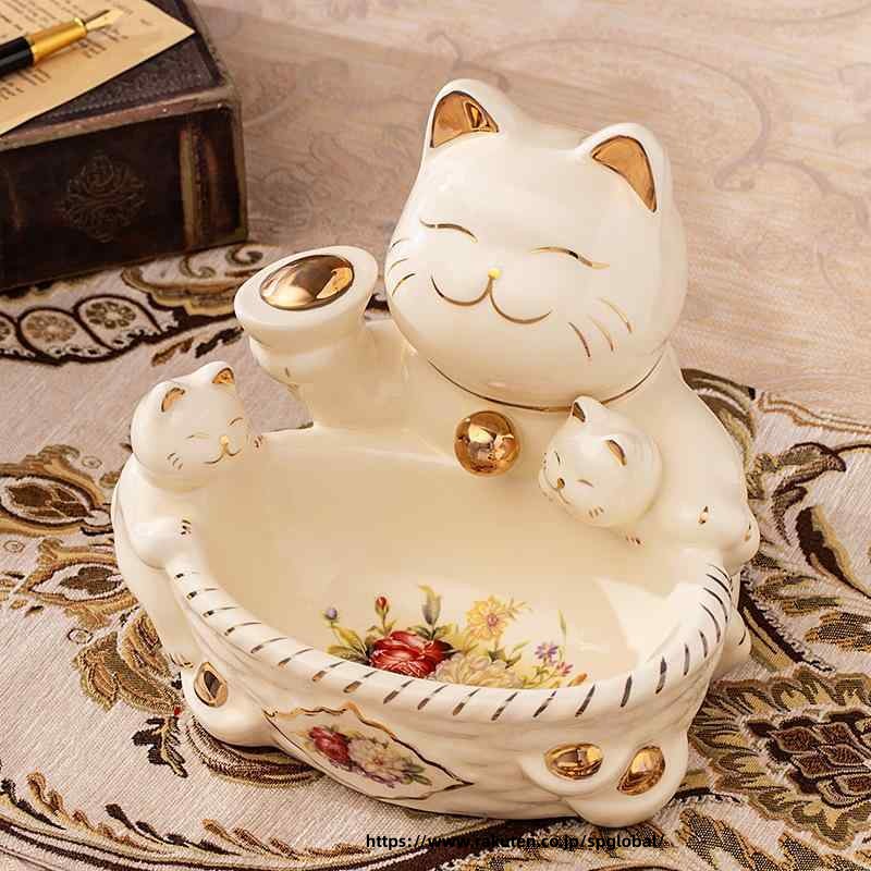 招き猫 陶器 菓子皿 鍵収納 玄関飾り 置き物 欧風インテリア ホテル風 幸運アイテ...