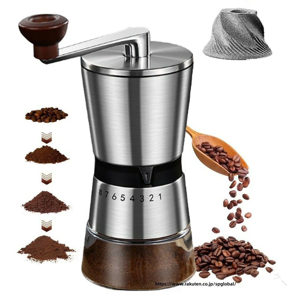 【コーヒー豆本来の味】セラミック製カッターは摩擦熱が発生しにくく、熱によるコーヒー粉へのダメージを減らします。セラミック臼は金属臭がなく、切れ味が良く摩耗しにくいのが特徴です。おいしさを引き出すセラミックブレード グリット最大の特徴は刃の構造。固定された上刃は、刃ブレが生じ難く粒度を一定に保つことが可能です。【粗さ調節・研磨均一】6/8段階で粒度調節ボタンの設計、調整ボタンを回すと研磨細粗を自由に調整可能。研磨の粗さが均一で風味が引き立ち、コーヒー豆の味が崩れることなく、そのままの状態で、簡単かつスムーズに豆を粉砕することができます。【人間工学的なデザイン】このコーヒーミルは長いステンレスハンドルと木製ハンドルを採用し、人間工学に基づいており、滑りにくく、持ち運びに便利で、使用時の労力と時間を効果的に節約します。【丈夫なガラス・ 可視容量】飽きがこない洗練されたデザインが　ヘビーユースに応える耐久性と機能性を備えています。透明なガラスボトルは耐久性であり挽いた量を一目でわかる。【携帯コーヒーミル】ポータブルコーヒーミル、コンパクトなデザインで持ち運びも便利。自宅からアウトドアまで場所を選ばず、キャンプやハイキング、出張先でのコーヒーブレイクにも最適です。 【原産国／製造国: 中国】 .手挽きコーヒーミルは手動式でコーヒーミル、コーヒーグラインダー、珈琲ミルとして使用可能。粗さ調整可能で均一な豆挽きができ、セラミック製臼で耐久性が高くお手入れ簡単です。小型で携帯性に優れ、アウトドアや家庭用、業務用としても最適。コンパクト設計で持ち運びやすく、省力設計で使いやすい。コーヒー豆以外に穀物を挽くことも可能。清掃しやすく長持ちし、精密な挽き目調整でバリスタにも対応。高品質で耐摩耗性、耐腐食性があり、便利で手軽に使える人気のコーヒーミルです。おすすめの手挽きコーヒーミルとしてセールやランキングにも登場しています。。 指定された配送時間は承っておりません
