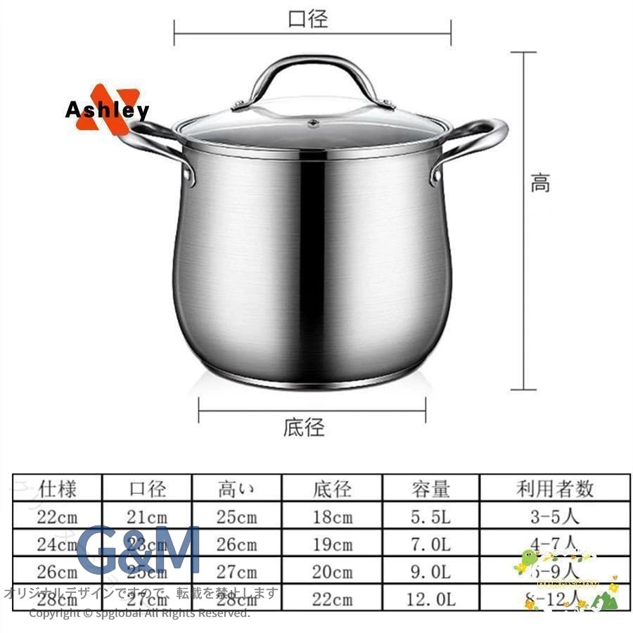 G&Mグローバルマーケットの両手鍋 ステンレス鍋 シチューポット 煮込み鍋 カレー鍋 3層底 寸胴鍋 ガラス蓋 IH対応 深型 大容量 多機能 調理鍋 家庭用 業務用 省エネ 熱伝導 均一加熱 耐久性 便利 安心 料理好き向け｜アングル3