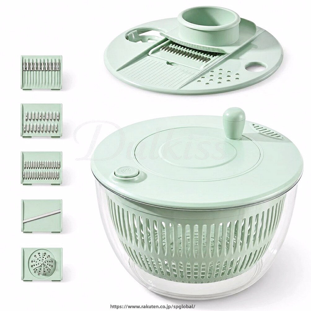 G&Mグローバルマーケットの1台12役 サラダスピナー 6枚刃 スライサー 千切り 野菜おろし器 エッグセパレーター 果汁絞り器 指ガード付き 水切り 水洗いOK 分解式 便利グ 主婦の味方 キッチンツール コンパクト｜アングル2