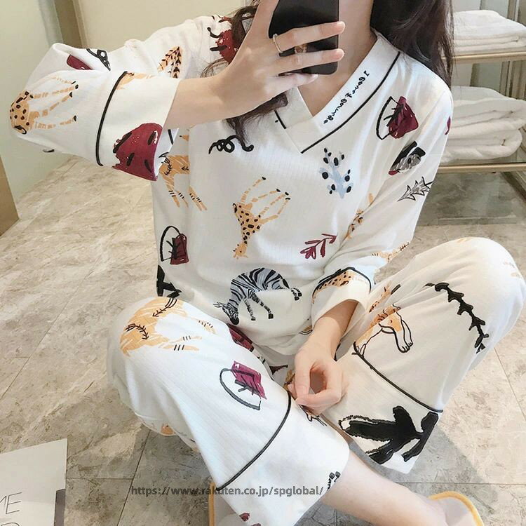 Rakuten - パジャマ レディース 秋冬 長袖パジャマ ロングズボン 綿 ルームウェア上下セット動物柄 Vネックパジャマ 可愛い 部屋着 韓国風 寝巻き 快適