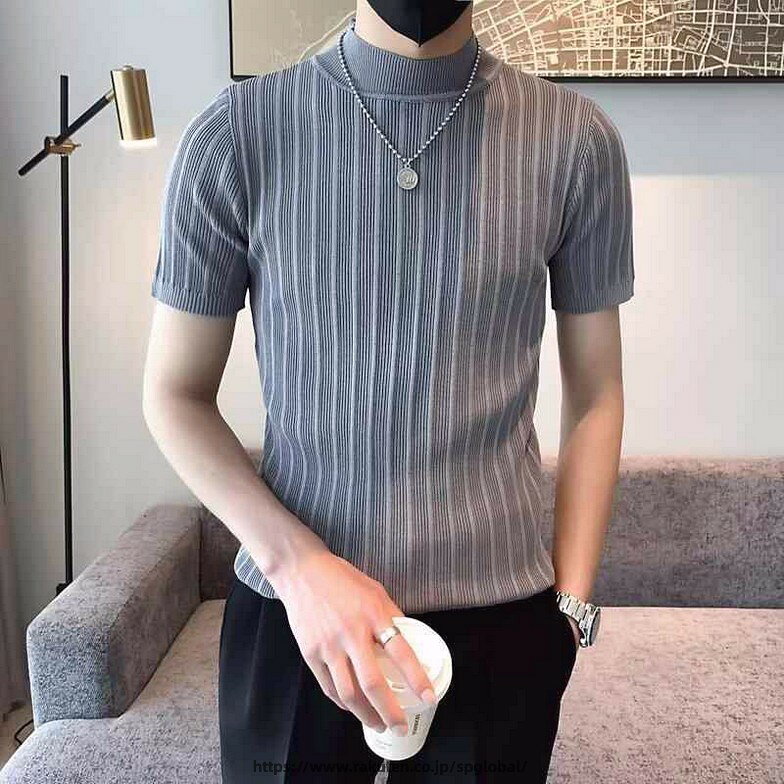 Rakuten - Tシャツ メンズ 半袖 サマーニット 接触冷感 スリム トップス ハーフハイネック ボーダー カットソー 春夏 グレー ホワイト ブラック ブルー