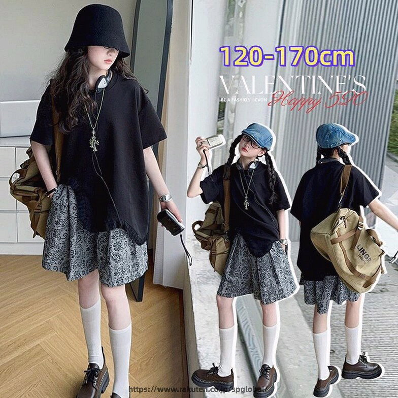 Rakuten - 女の子 セットアップ 半袖 黒tシャツ ハーフパンツ 親子 子供服 女の子 夏服 セットアップ ティシャツ短パン キッズ セットアップ 女の子 半袖 ショートパンツ カジュアル ナチュラル 可愛い 韓国子供服 おしゃれ 小学生 中学生 高校生 通学 120 130 140 150 160 170