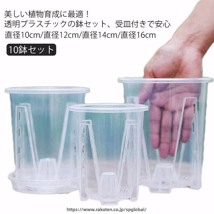 Rakuten - 植木鉢 10鉢セット 受皿付き 蝶蘭 植木鉢 透明 穴付き プラスチック 蘭の鉢 胡蝶蘭鉢 洋蘭鉢 屋内 屋外 胡蝶蘭の植え替え オーキッドポット 観葉植物 多肉植物 育苗ポット プランター 保育園ポット 口径10/12/14/16cm