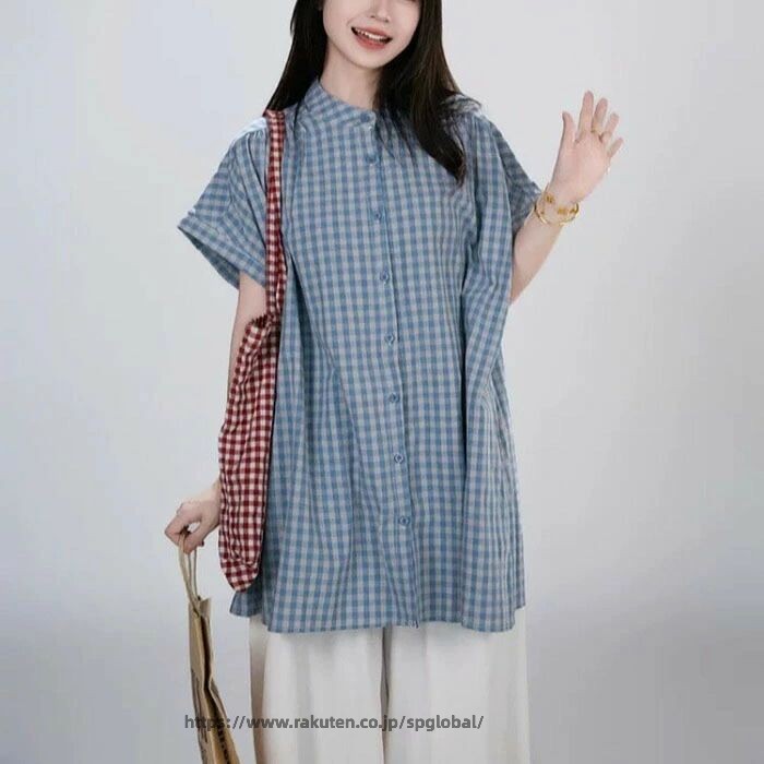 Rakuten - チュニック ブラウス レディース 半袖 夏 シャツ ギンガムチェック 前開き ボタン トップス 体型カバー ゆったり シャツブラウス 大きいサイズ 体型カバー 柔らか シンプル カジュアル 森ガール 大人可愛い チェック柄 チュニックブラウス 春 夏 秋