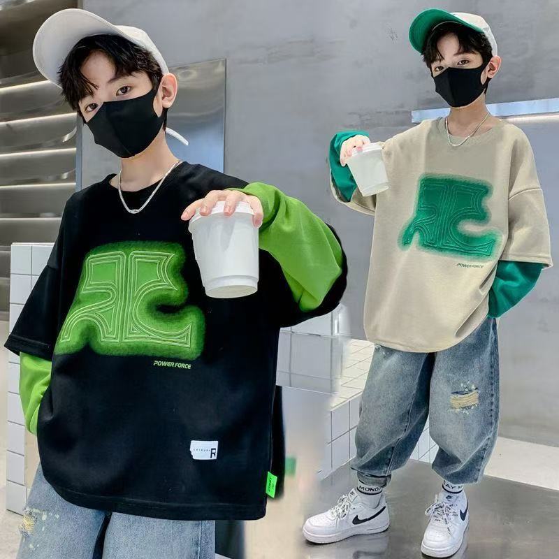 Rakuten - ロンT150 Tシャツ120 ジュニア服男の子 長袖ロンTキッズ かっこいいtシャツ 長袖Tシャツキッズ キッズ長袖Tシャツ 長袖カットソー 秋服 重ね着風 かっこいい ゆったり 丸首 長袖 ジュニア 男の子 子供 秋 キッズロンT キッズ 子供服 トップス Tシャツ