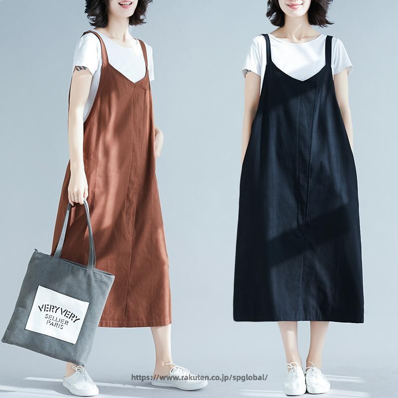 Rakuten - ワンピース レディース 夏 ゆったり 切り替え 無地 コットンリネン サスペンダー 中長丈 カジュアル 日常使い 通気性 軽量 リラックス ミセス ビッグシルエット