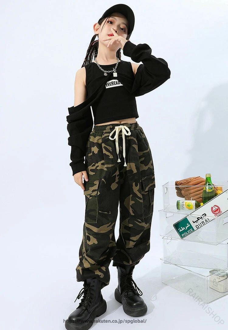 迷彩柄 キッズ ダンス衣装 迷彩パンツ k-pop 衣装 セットアップ へそ出し トップス 黒 タンクトップ 長袖 グリーン ガールズ 韓国 ヒップホップ 黒 ダンス衣装 タンクトップ 女の子 アイド