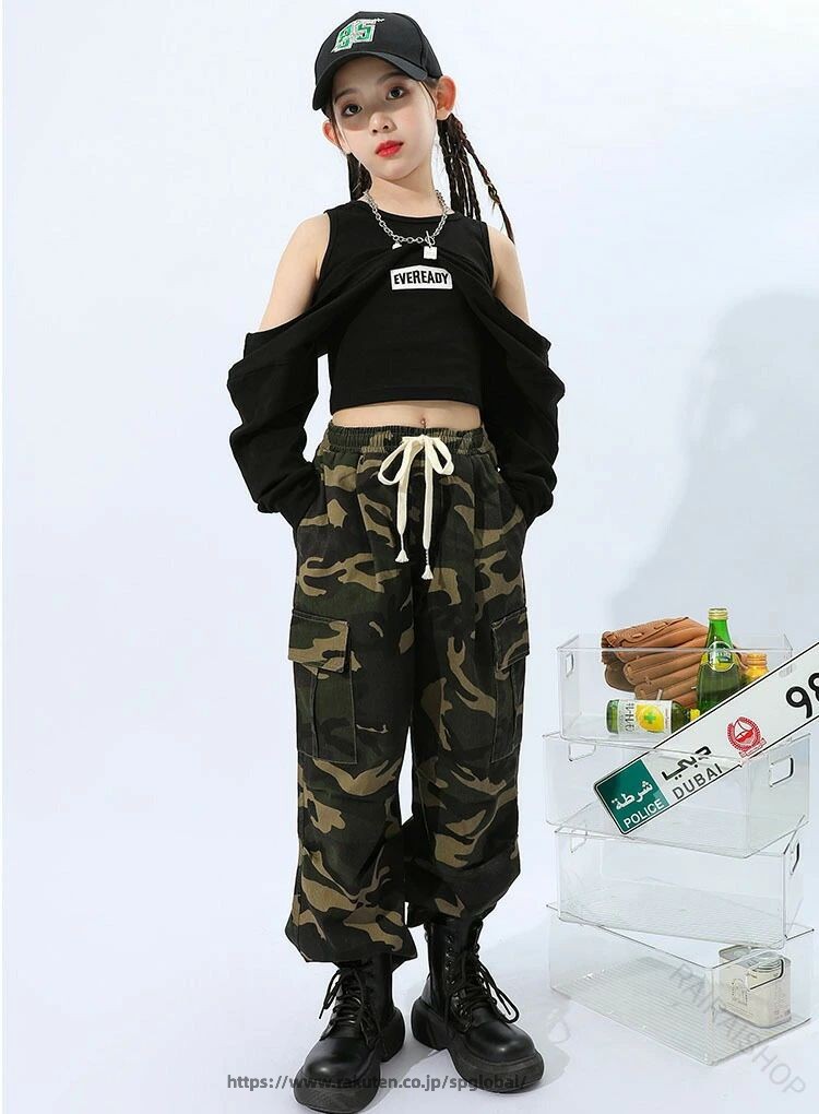G&Mグローバルマーケットの迷彩柄 キッズ ダンス衣装 迷彩パンツ k-pop 衣装 セットアップ へそ出し トップス 黒 タンクトップ 長袖 グリーン ガールズ 韓国 ヒップホップ 黒 ダンス衣装 タンクトップ 女の子 アイド｜アングル2