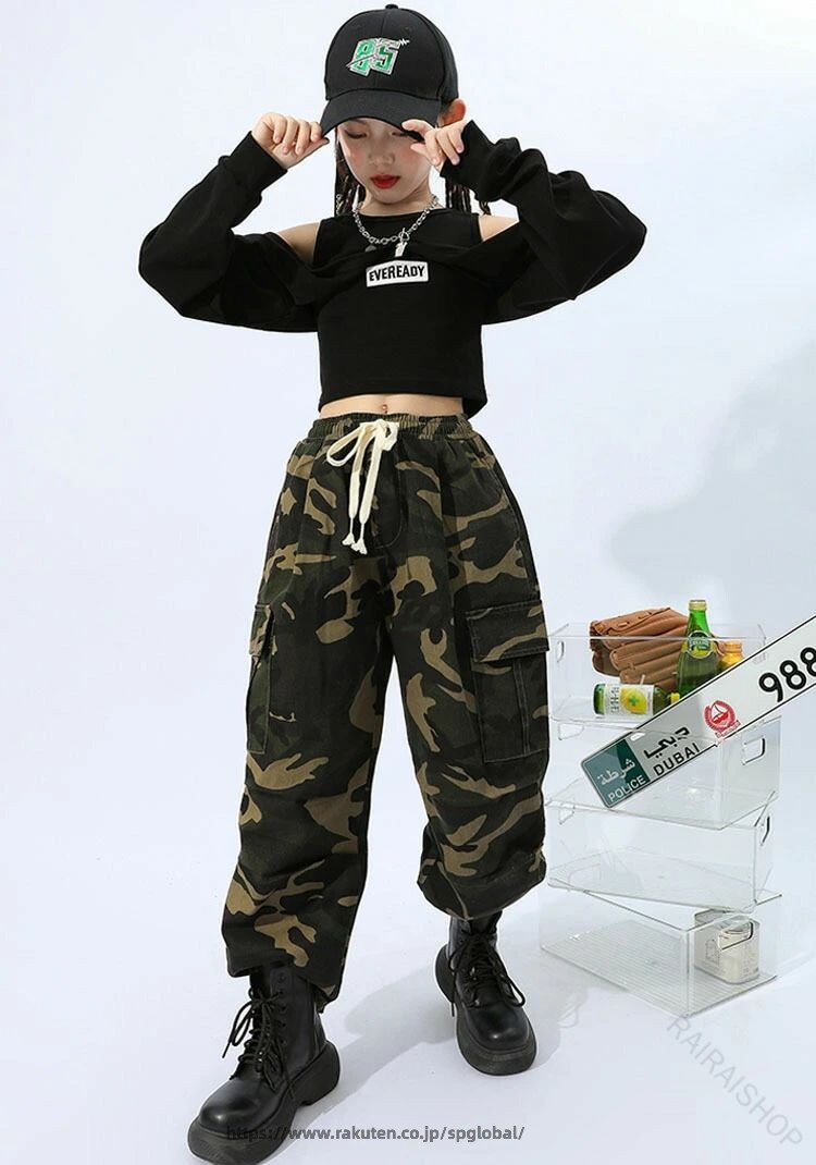 G&Mグローバルマーケットの迷彩柄 キッズ ダンス衣装 迷彩パンツ k-pop 衣装 セットアップ へそ出し トップス 黒 タンクトップ 長袖 グリーン ガールズ 韓国 ヒップホップ 黒 ダンス衣装 タンクトップ 女の子 アイド｜アングル3