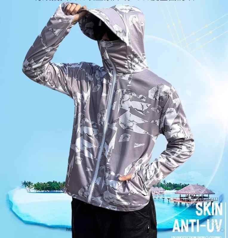 Men's Fishing Wear, Plus Sizes, Loose Fit, Long Sleeves, Hood, Brim, Camouflage Pattern, White, Gray, Blue, Breathable, Sweat-wicking, Cool, Zip-up, Stylish, Outdoor, Fishing, Sun Protection, Summer Casual