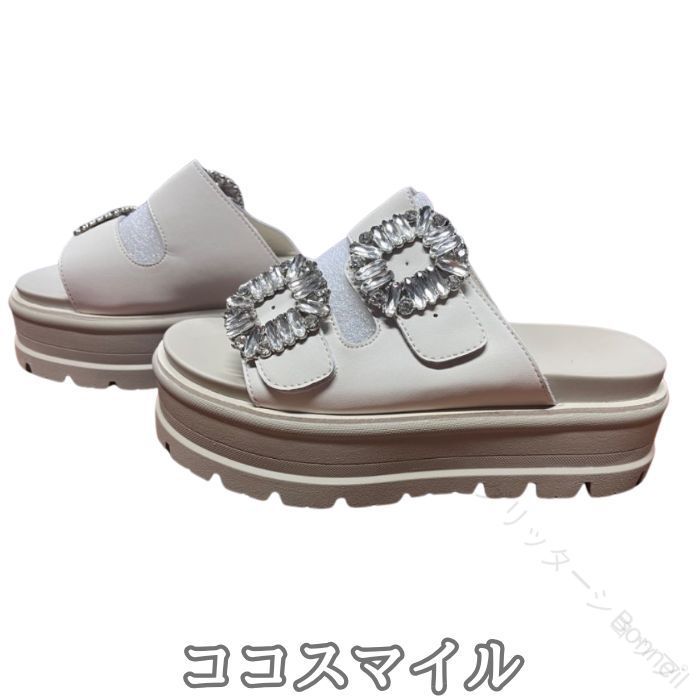 Rakuten - 厚底 サンダル 全 2 色 ダブル ビジュー プラットフォーム サンダル ビジュー サンダル キラキラ サンダル キラキラ ビジュー 大人 可愛い 韓国 20 代 30 代 40 代 厚底靴 厚底シューズ プラ