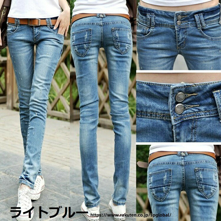 商品詳細商品コート色ライトブルー/ダークブルー素材ポリエステル/コットン商品情報サイズ:ウエスト/ヒップ/モモ幅/パンツ総丈/CM25: 60 82 44 96CM26: 64 84 46 97CM27: 67 86 48 98CM28: 70 88 50 98CM29: 73 90 52 99CM30: 76 92 54 99CM31: 79 94 56 100CM32: 82 96 58 100CMジーパンやデニムなどのボトムスはボタンホールに穴が空いていない商品もございます、不良品ではございません。その場合はお客様自身で穴を開けていただく形になりますので、予めご了承ください。リッパーかカッターでボタンホールを開けてください。注意事項商品写真はできる限り実物の色に近づけるよう加工しておりますが、お客様のお使いのモニター設定、お部屋の照明等により実際の商品と色味が異なる場合がございます。サイズ詳細等の測り方はスタッフ間で統一、徹底はしておりますが、若干の誤差がある場合がございます。機械による生産過程におきまして、どうしても生地を織る際の糸の継ぎ目や多少のほつれ、または色ムラなどが生じている場合がございます。レディース デニムパンツ スキニーパン レディースファッション 続々登場 ライトブルー ダークブルー 25 26 27 28 29 30 31 32 【原産国／製造国: 中国】 指定された配送時間は承っておりません。【Goon楽天市場店】