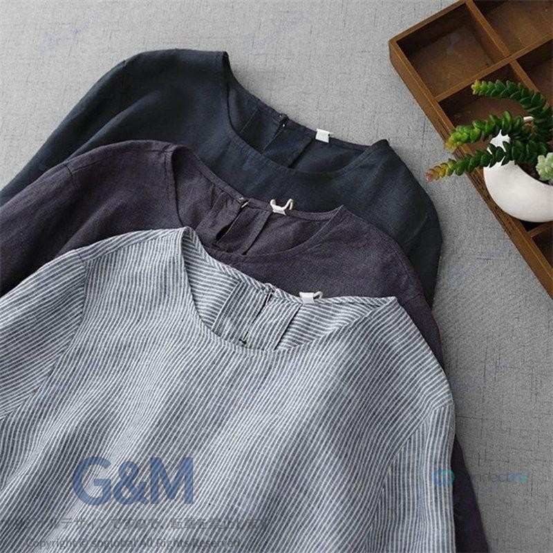 G&Mグローバルマーケットのワンピース レディース ロングワンピース ワンピ 綿麻風 五分袖 無地 ストライプ柄 ロング丈 ロングワンピ スリット クルーネック 大きいサイズ ゆったり 体型カバー 着・せ 可愛い 森ガール 柔らかい カジュアル シンプル 旅行 ママ プレゼント 20代 30代 40代 50代｜アングル3