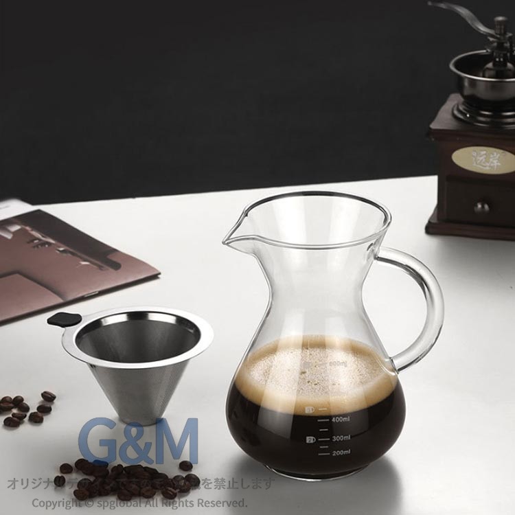 G&Mグローバルマーケットのドリッパー セット 800ml コーヒードリッパー ステンレス フィルター カラフェ コーヒーサーバー 耐熱ガラス プレゼント コーヒー コーヒードリップ器具 ピッチャー ハンドドリップ 4杯分 4人分 おしゃれ コーヒー メーカー ポット｜アングル2