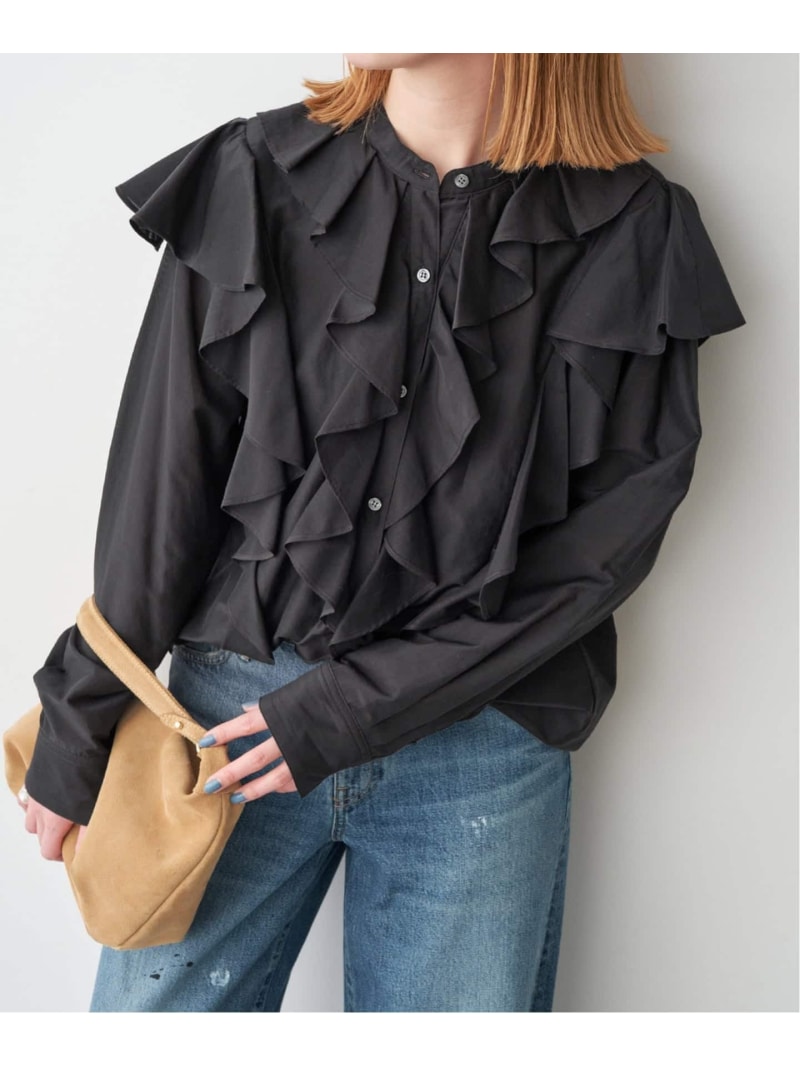 Rakuten - スタンドカラーラッフルフリルブラウス Spick & Span スピックアンドスパン トップス シャツ・ブラウス ブラック ベージュ【送料無料】[Rakuten Fashion]