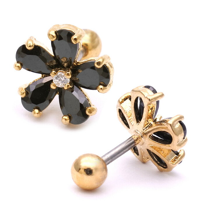 ボディピアス 軟骨ピアス [14G 16G ]無敵のBlack キュービックジルコニア フラワー flower 輝きで勝負☆フ0437