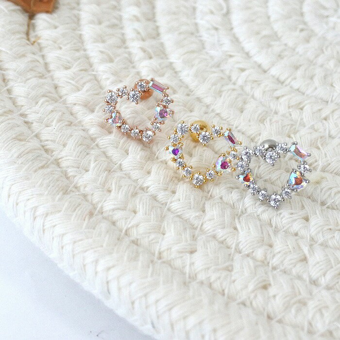 ボディピアス 軟骨ピアス ［16G ］とっておきの存在感♪可愛い がギュッと詰まった オープンハート ジュエル heart オーロラ CZ ストレート ヘリックス 0871 ボディーピアス
