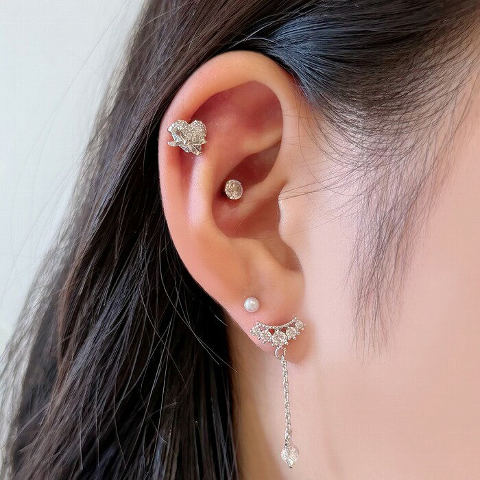 【楽天スーパーSALE★今だけ20%OFF】 ボディピアス 軟骨ピアス ［14G 16G ］繊細なパヴェ と立体リボン が映える上品ハート デザイン ストレート ヘリックス 1082 ボディーピアス 3