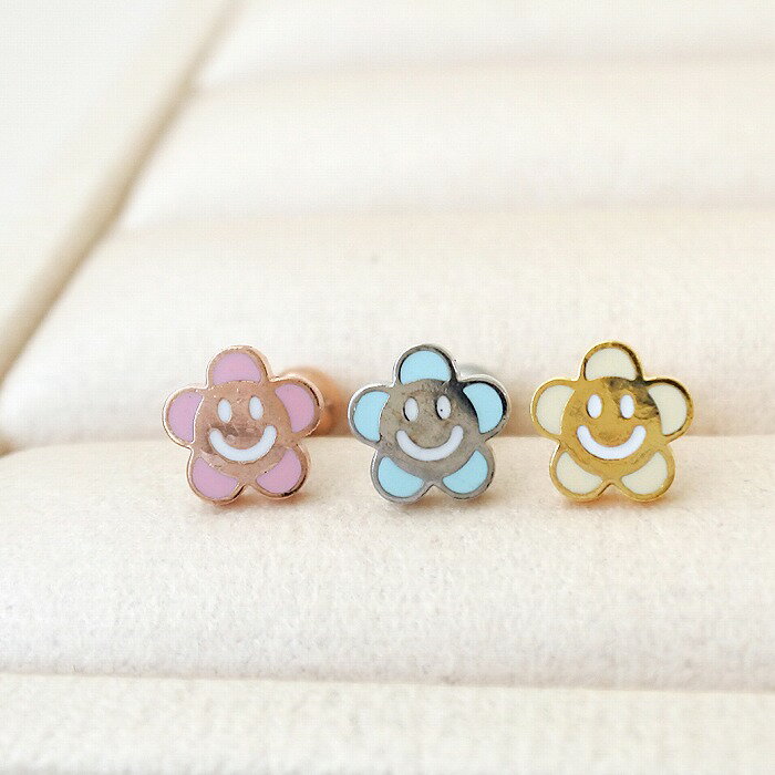 ボディピアス 軟骨ピアス ［14G 16G ］遊び心あふれる可愛い スマイル ×フラワー デザイン ストレート ヘリックス 1004 ボディーピアス